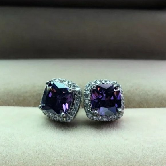 Purple Amethyst Diamond Halo Earrings Ear Ring - Picture 3 of 4